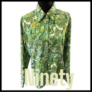 Ninety Green/Cream Paisley Striped French Cuff Retro Blouse Shirt Top (L)